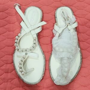 SheSole Women's Pearl Rhinestone Flats Sandals T-Strap- NWOT